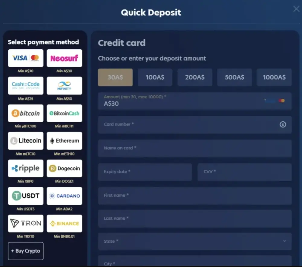 Deposit form at Lucky Dreams