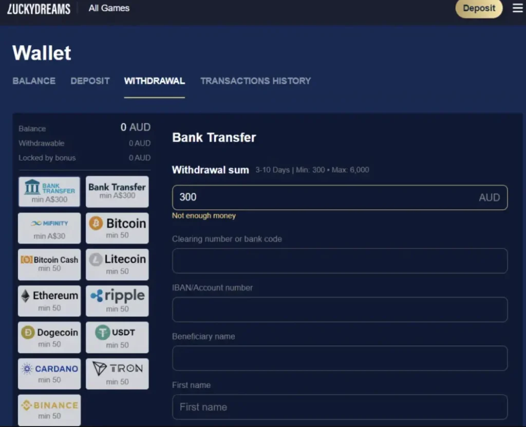 Withdrawal form at Lucky Dreams